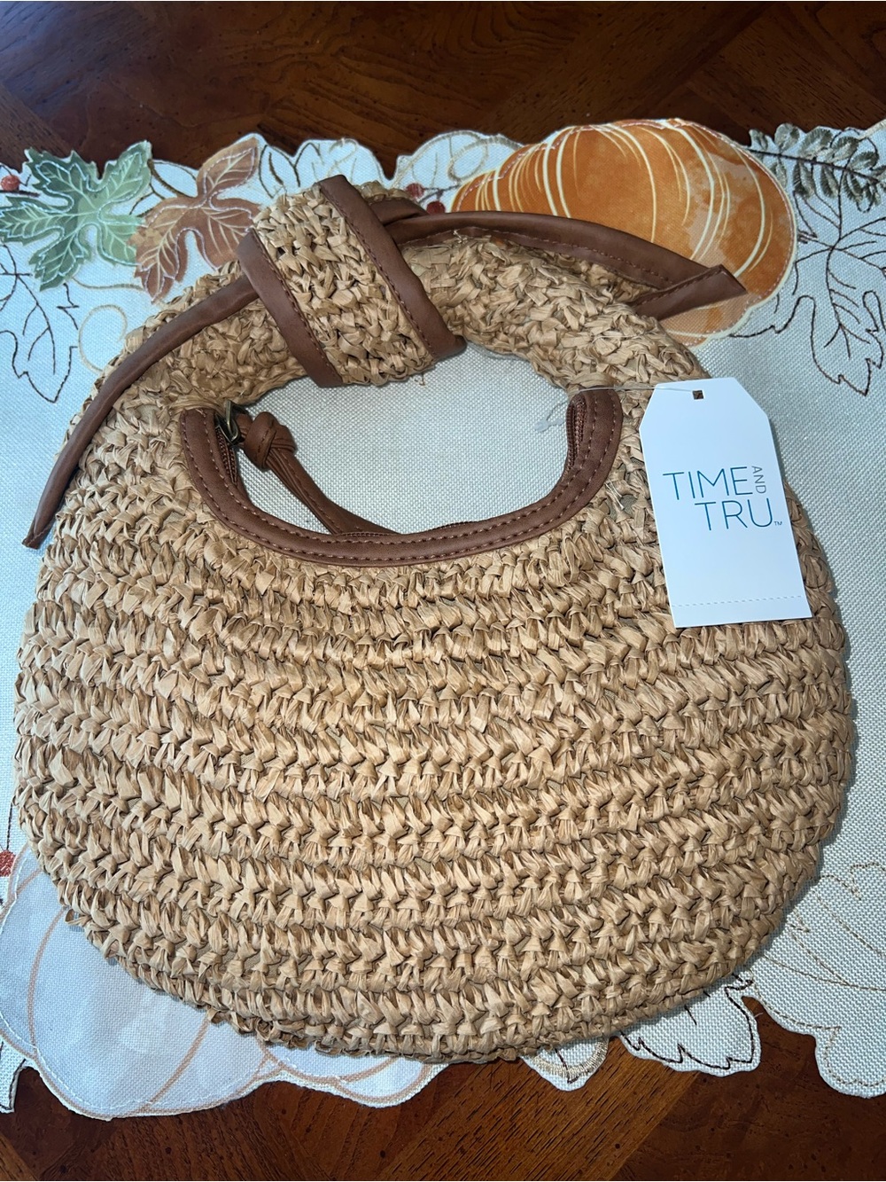 NWT Time and Tru Natural Raffia Top Knot Crescent Handbag - Picture 2 of 6
